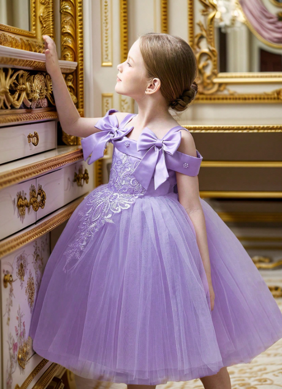 Purple Lace Floral Pearl Bow Mesh Princess Dress