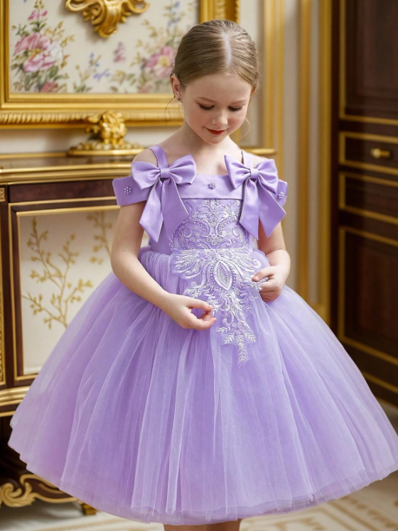 Purple Lace Floral Pearl Bow Mesh Princess Dress