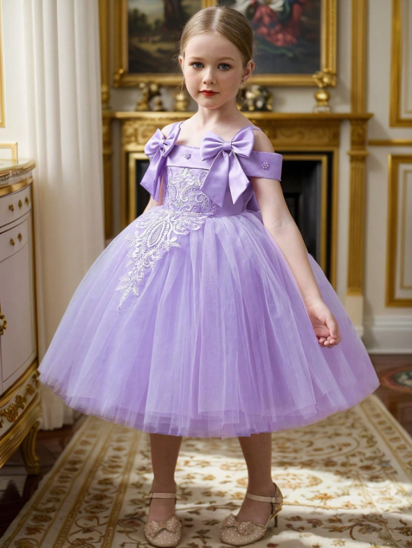 Purple Lace Floral Pearl Bow Mesh Princess Dress