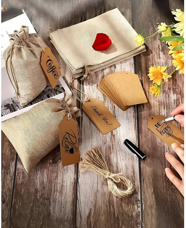 21pcs Burlap Heart Print Drawstring Gift Bag