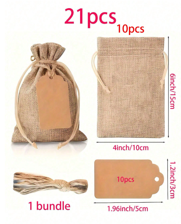 21pcs Burlap Heart Print Drawstring Gift Bag