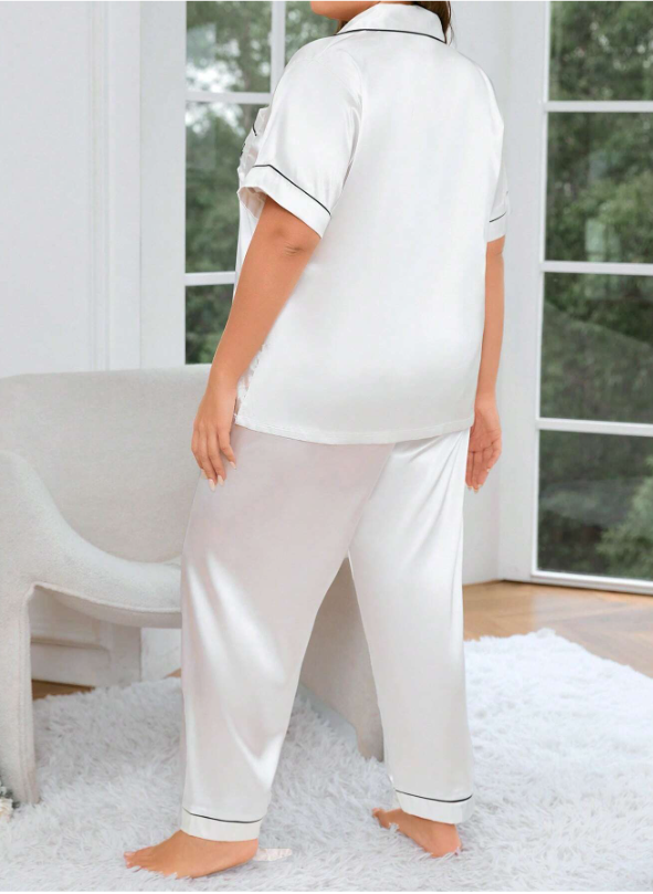 Silk-Like Bride Embroidered Short Sleeve Pajama Set White