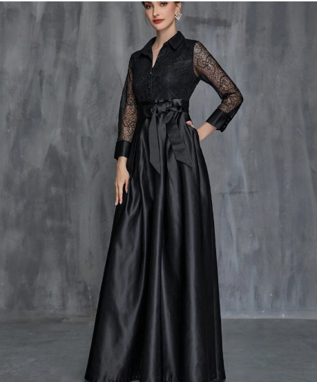 Contrast Lace Belted Maxi Mother of the Bride Dress