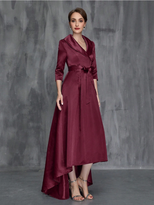 Shawl Collar High Low Hem Belted Mother Of The Bride Dress