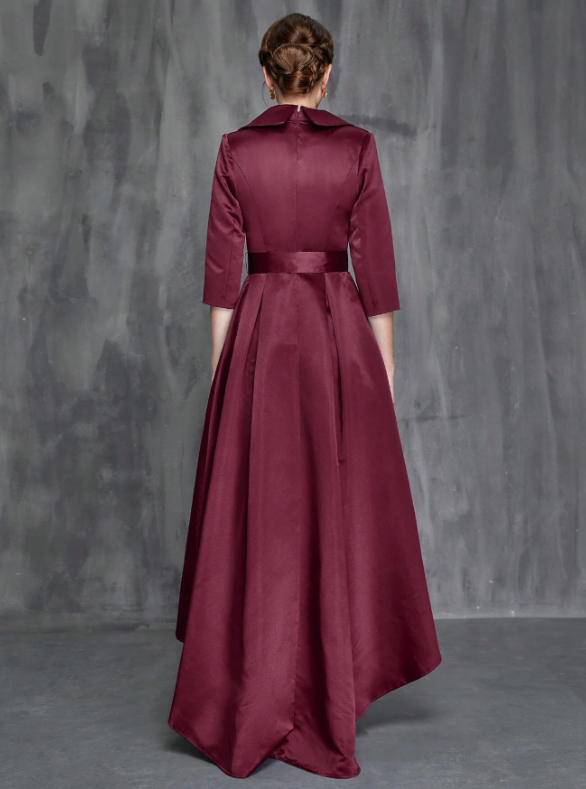 Shawl Collar High Low Hem Belted Mother Of The Bride Dress