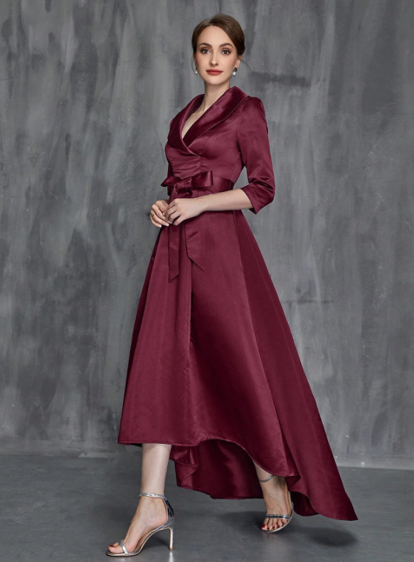 Shawl Collar High Low Hem Belted Mother Of The Bride Dress