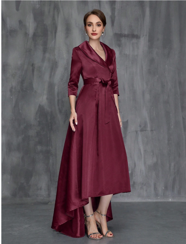 Shawl Collar High Low Hem Belted Mother Of The Bride Dress