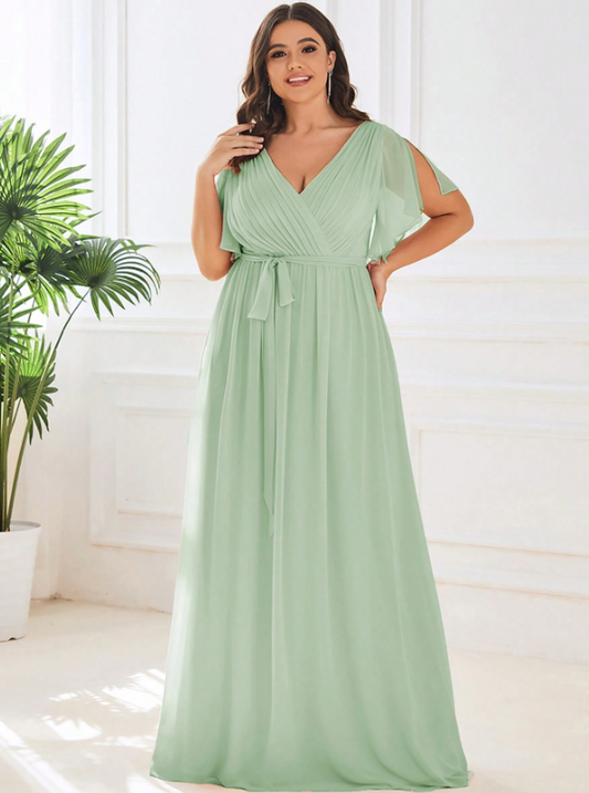 Plus Size Surplice Neck Butterfly Sleeve Chiffon Bridesmaid Dress