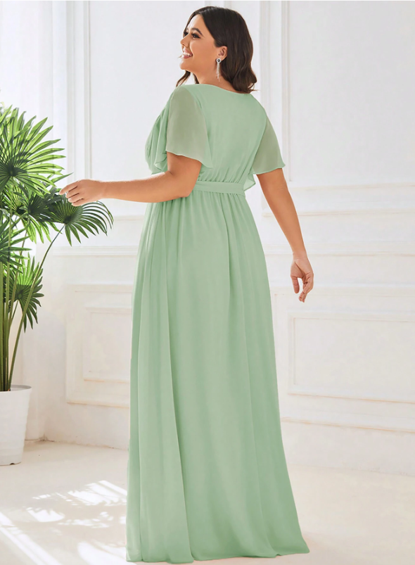 Plus Size Surplice Neck Butterfly Sleeve Chiffon Bridesmaid Dress