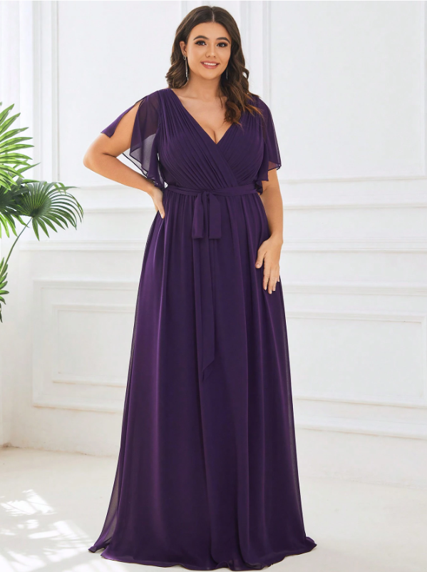 Plus Size Surplice Neck Butterfly Sleeve Chiffon Bridesmaid Dress