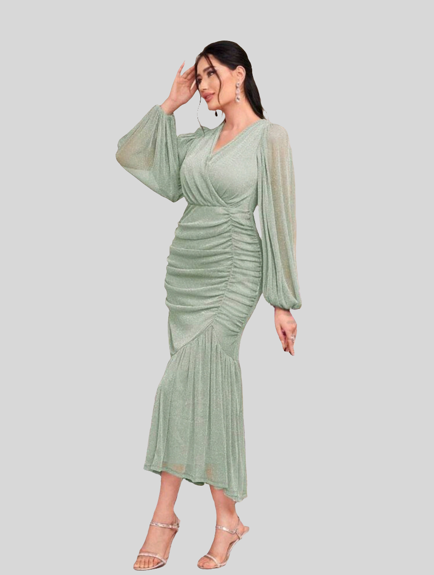 Modely Lantern Sleeve Pleated Bodycon Dress