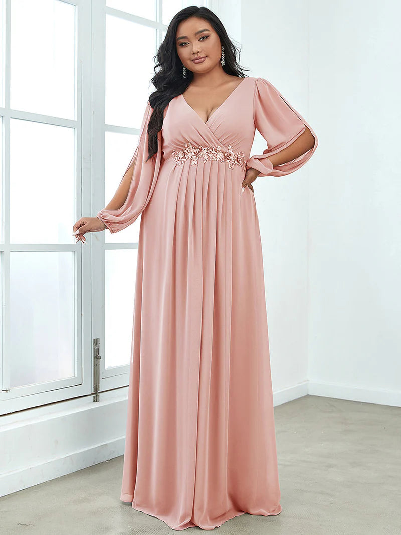 Lantern Sleeves A Line V Neck Bridesmaid Dresses Pink