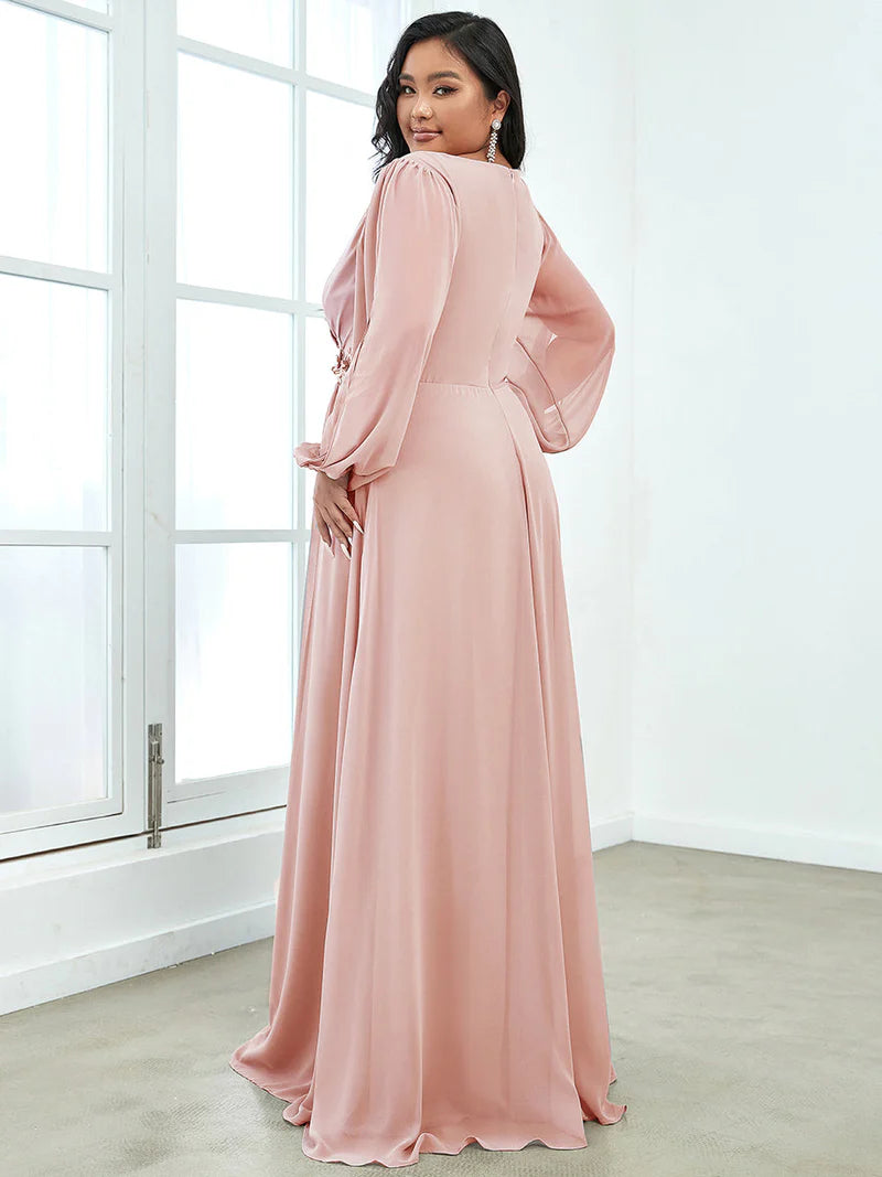 Lantern Sleeves A Line V Neck Bridesmaid Dresses Pink