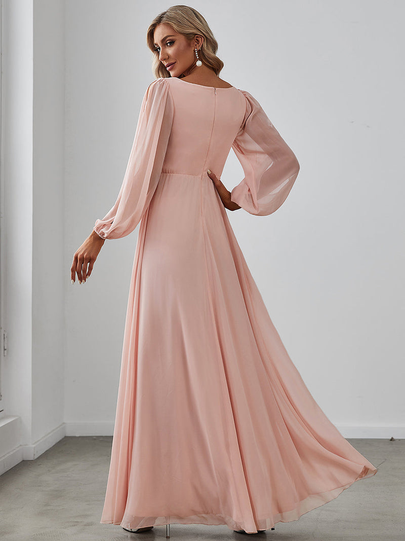 Lantern Sleeves A Line V Neck Bridesmaid Dresses Pink