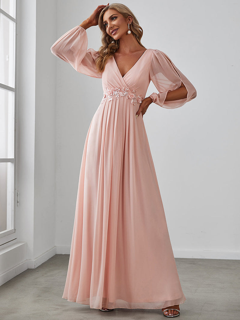 Lantern Sleeves A Line V Neck Bridesmaid Dresses Pink