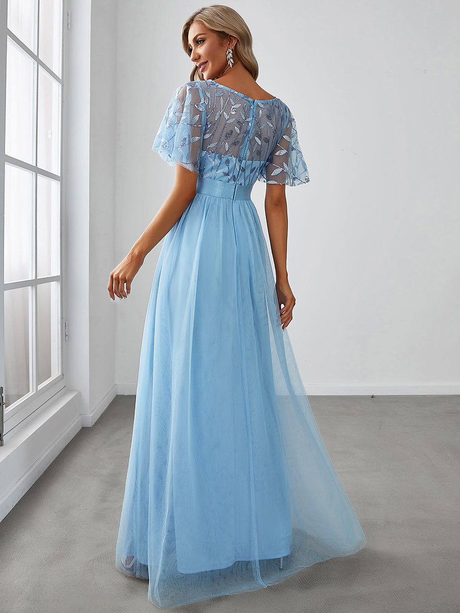 Sky Blue Sequin Print Floor-length Evening Dress with Cap Sleeve