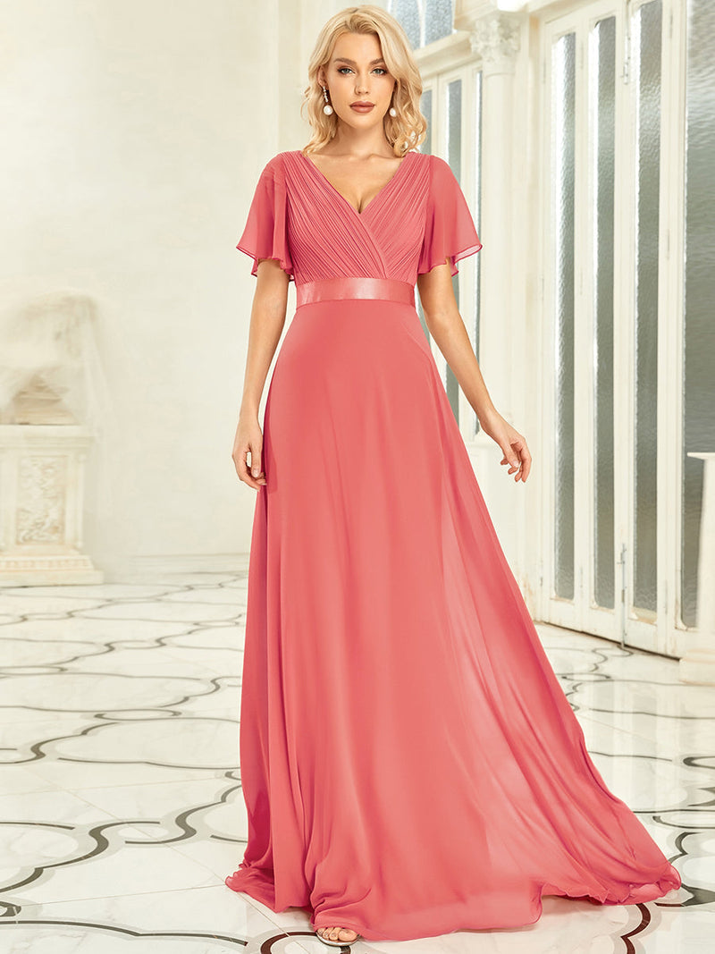 Double V-Neck Ruffles Padded  Bridesmaids Dresses Coral