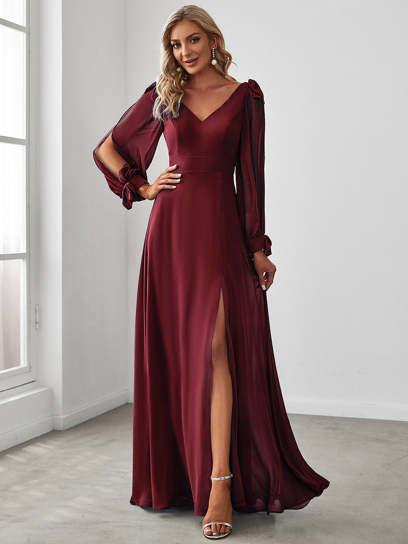 Lantern Sleeves A Line V Neck Bridesmaid Dresses