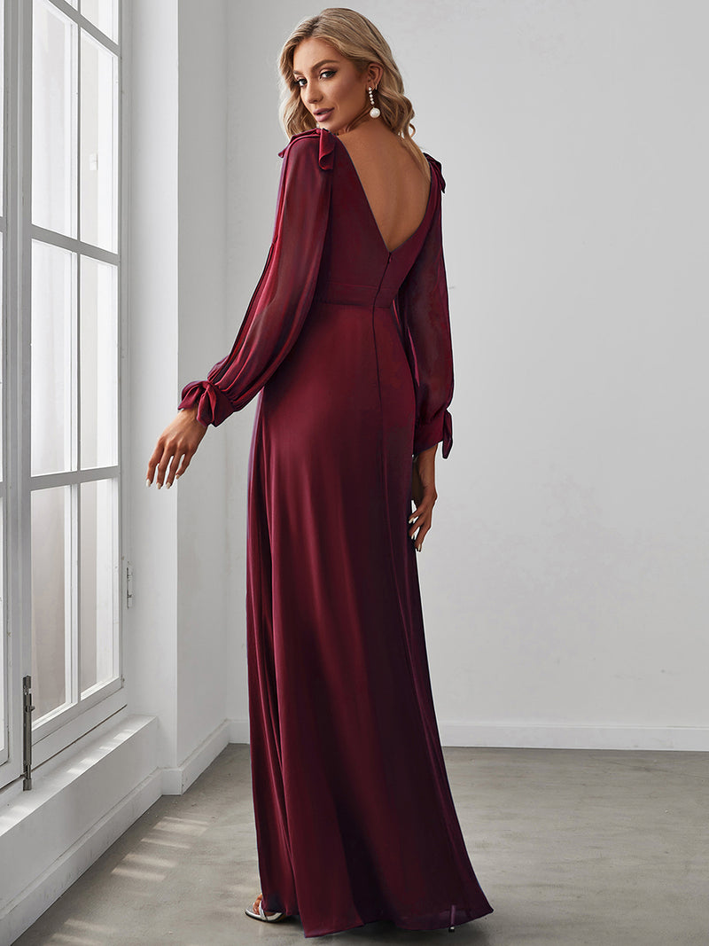 Lantern Sleeves A Line V Neck Bridesmaid Dresses