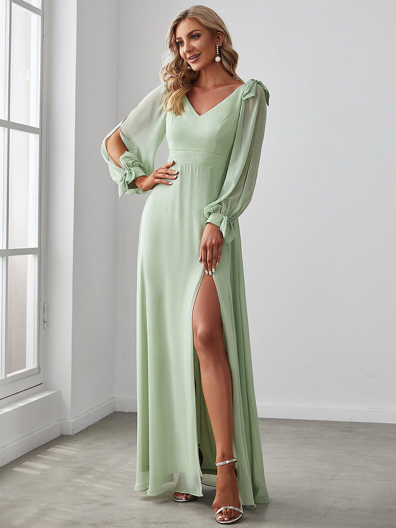 Lantern Sleeves A Line V Neck Bridesmaid Dresses