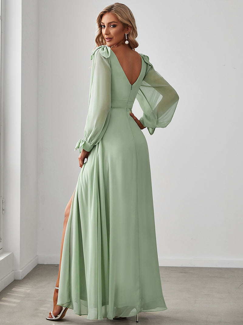 Lantern Sleeves A Line V Neck Bridesmaid Dresses