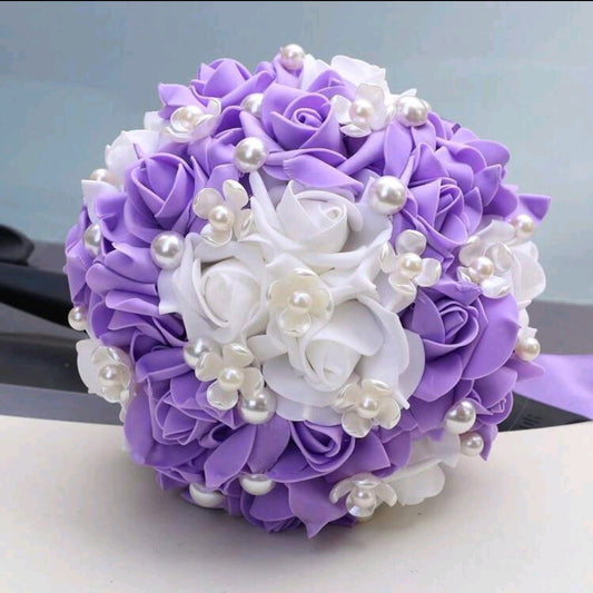 Pearl Decorated PE Artificial Rose Bridal Bouquet