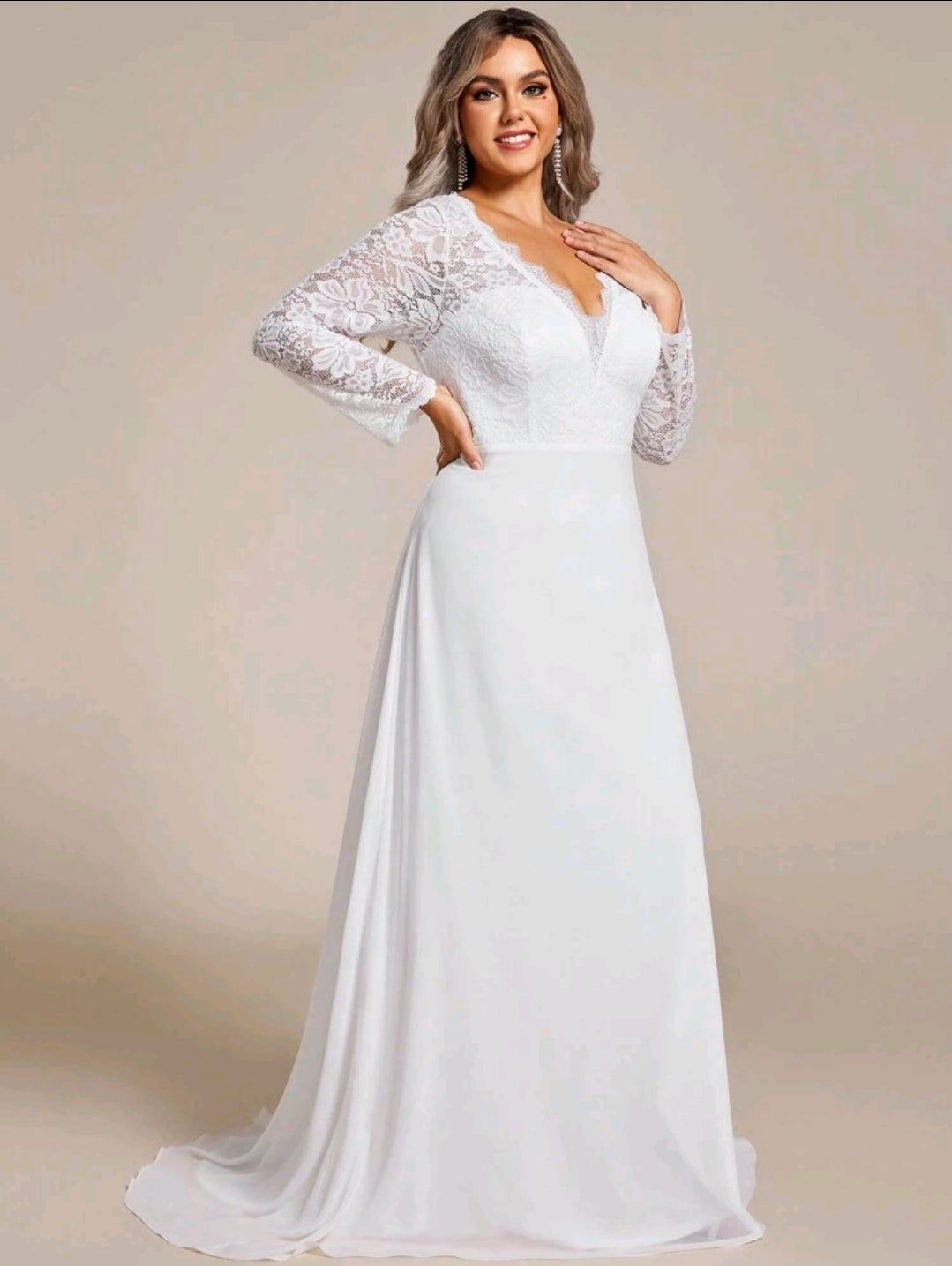 Elegant Plus Size V-Neck Long Sleeve Fish-Tail Lace Patchwork Wedding Dress