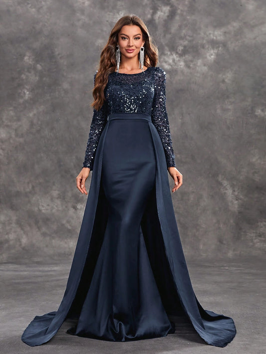 Sequin Long Sleeve Round Neck Evening Dress