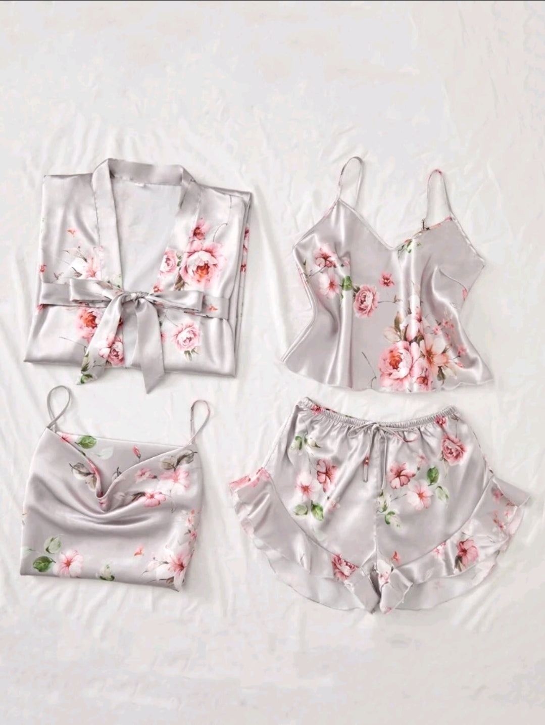 Floral Printed Satin Pajamas Set - 5 Piece Set