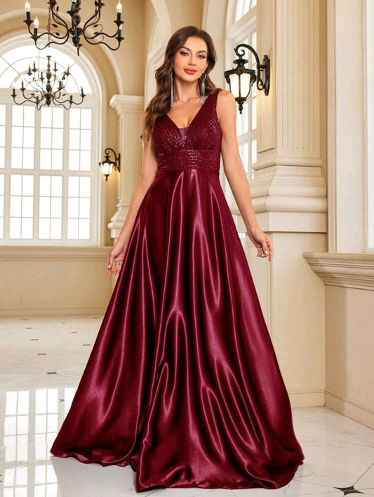 Contrast Sequin Satin Formal Dress Burgundy