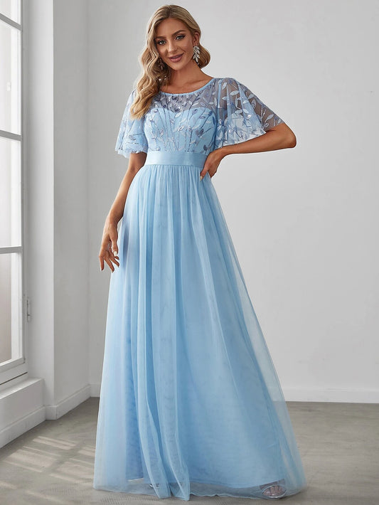 Sky Blue Sequin Print Floor-length Evening Dress with Cap Sleeve