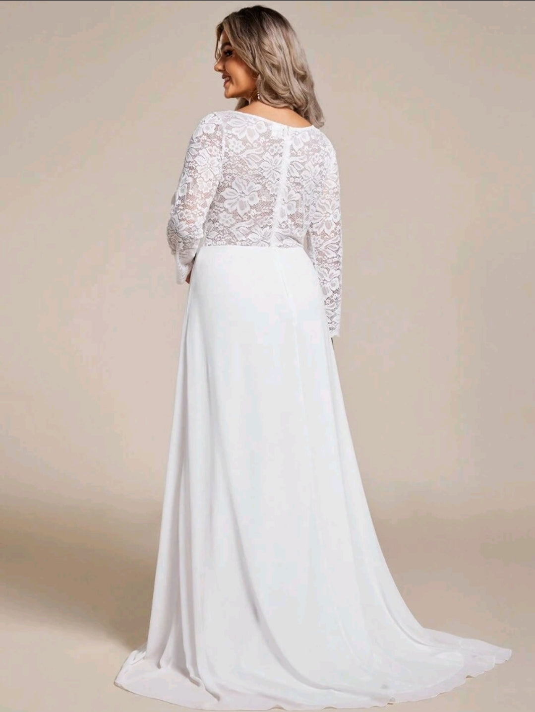 Elegant Plus Size V-Neck Long Sleeve Fish-Tail Lace Patchwork Wedding Dress