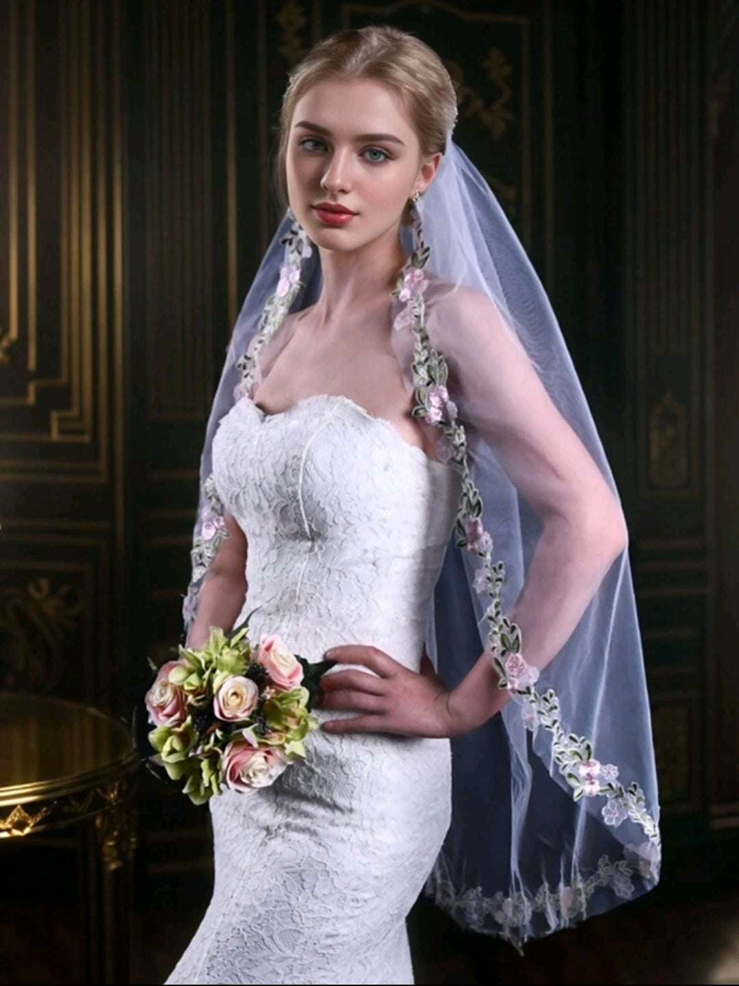 Flower Embroidered Style Bridal Veil With Comb