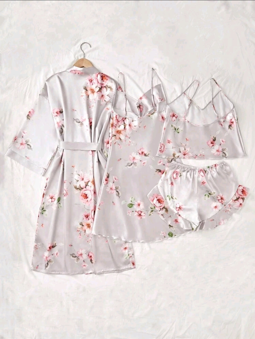 Floral Printed Satin Pajamas Set - 5 Piece Set