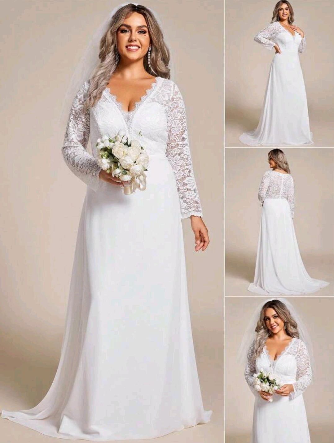 Elegant Plus Size V-Neck Long Sleeve Fish-Tail Lace Patchwork Wedding Dress