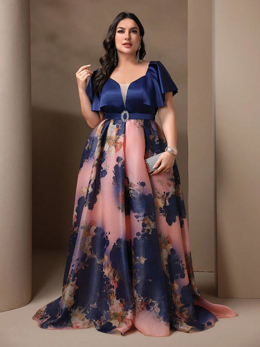 Plus Size Floral Print Patchwork Bridesmaid Maxi Dress