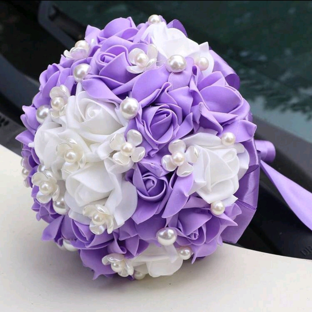 Pearl Decorated PE Artificial Rose Bridal Bouquet