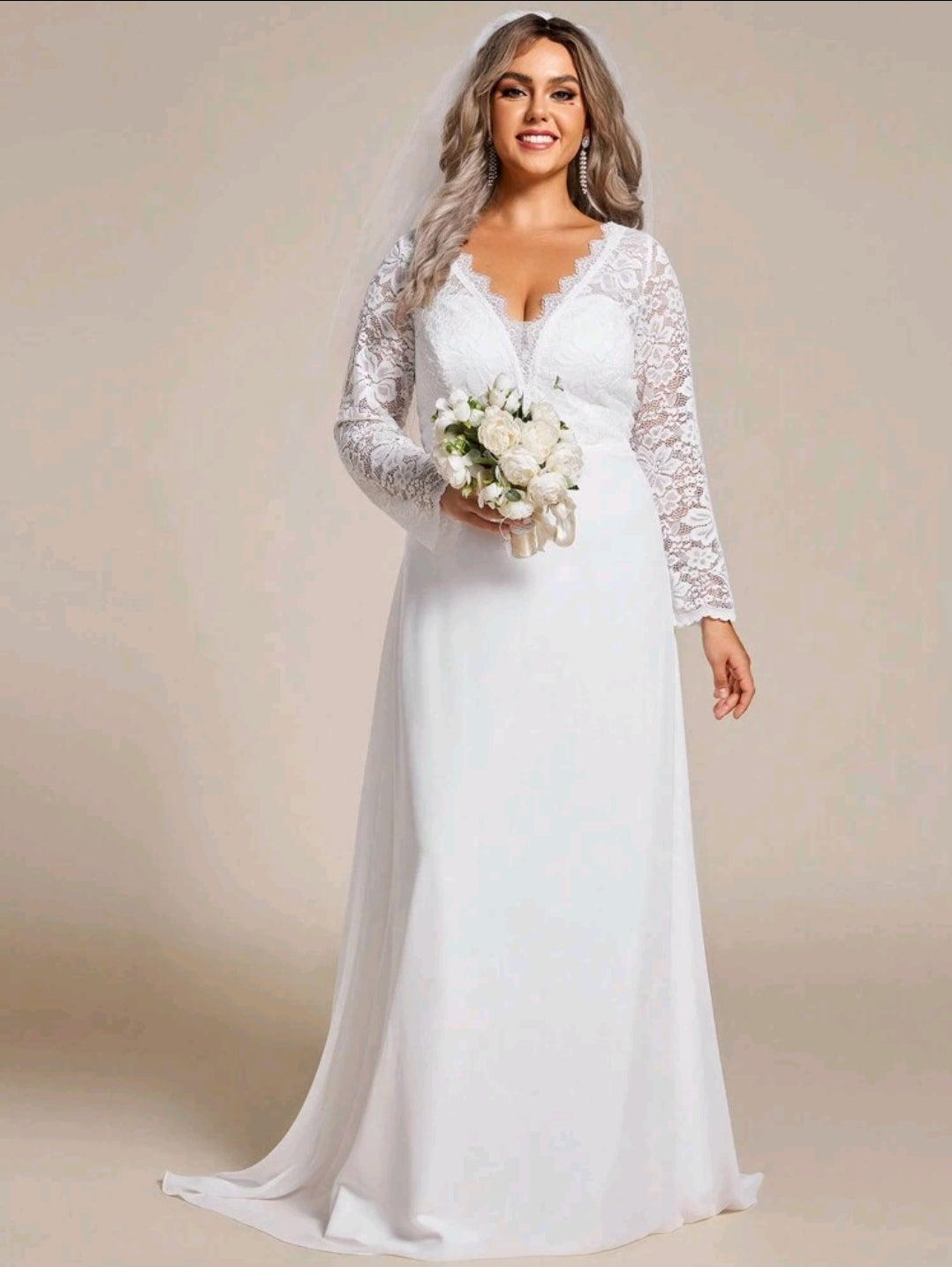 Elegant Plus Size V-Neck Long Sleeve Fish-Tail Lace Patchwork Wedding Dress