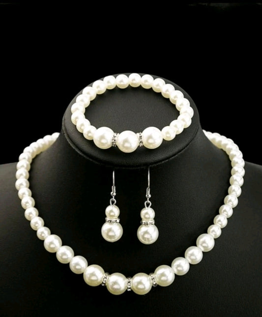 Faux Pearl Beaded Necklace & Earrings & Bracelet