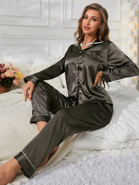 Ladies Satin Collar Top And Long Pants Pajamas Set