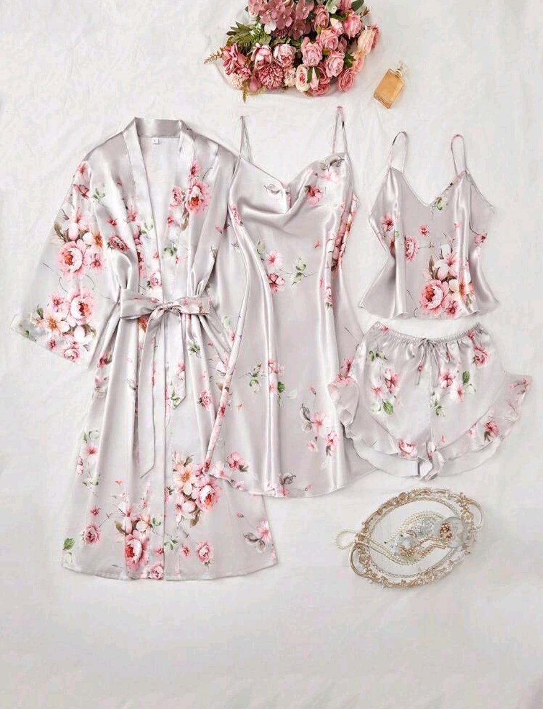 Floral Printed Satin Pajamas Set - 5 Piece Set