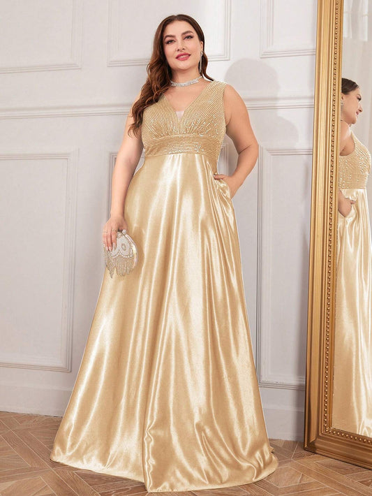 Gold Contrast Sequin Satin Formal Dress