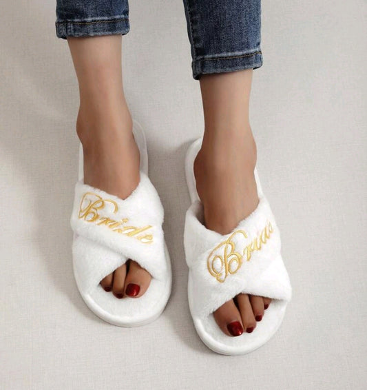 Yellow Print Bride Embroidered Fuzzy Slippers