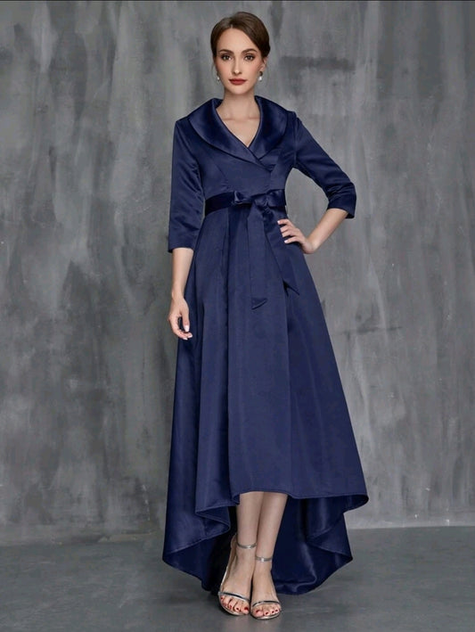 Shawl Collar High Low Hem Belted Mother of the Bride Dress