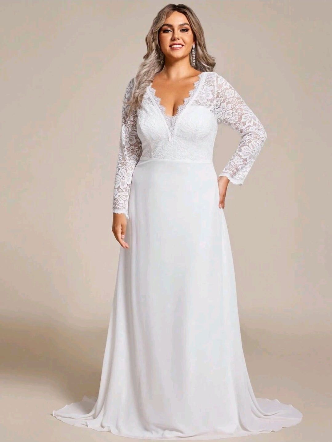 Elegant Plus Size V-Neck Long Sleeve Fish-Tail Lace Patchwork Wedding Dress