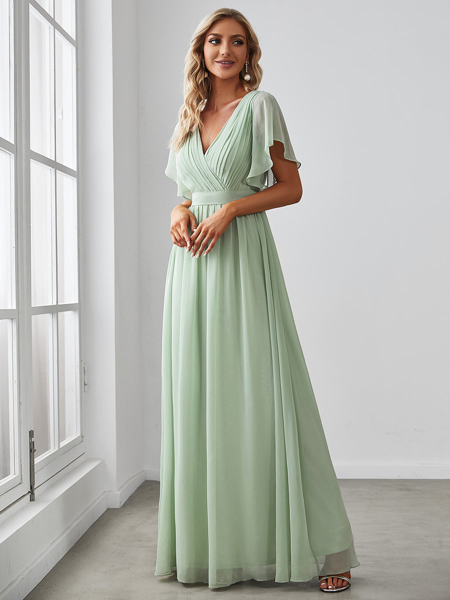 A Line bridesmaid Dresses with Deep V Neck Ruffles Sleeves