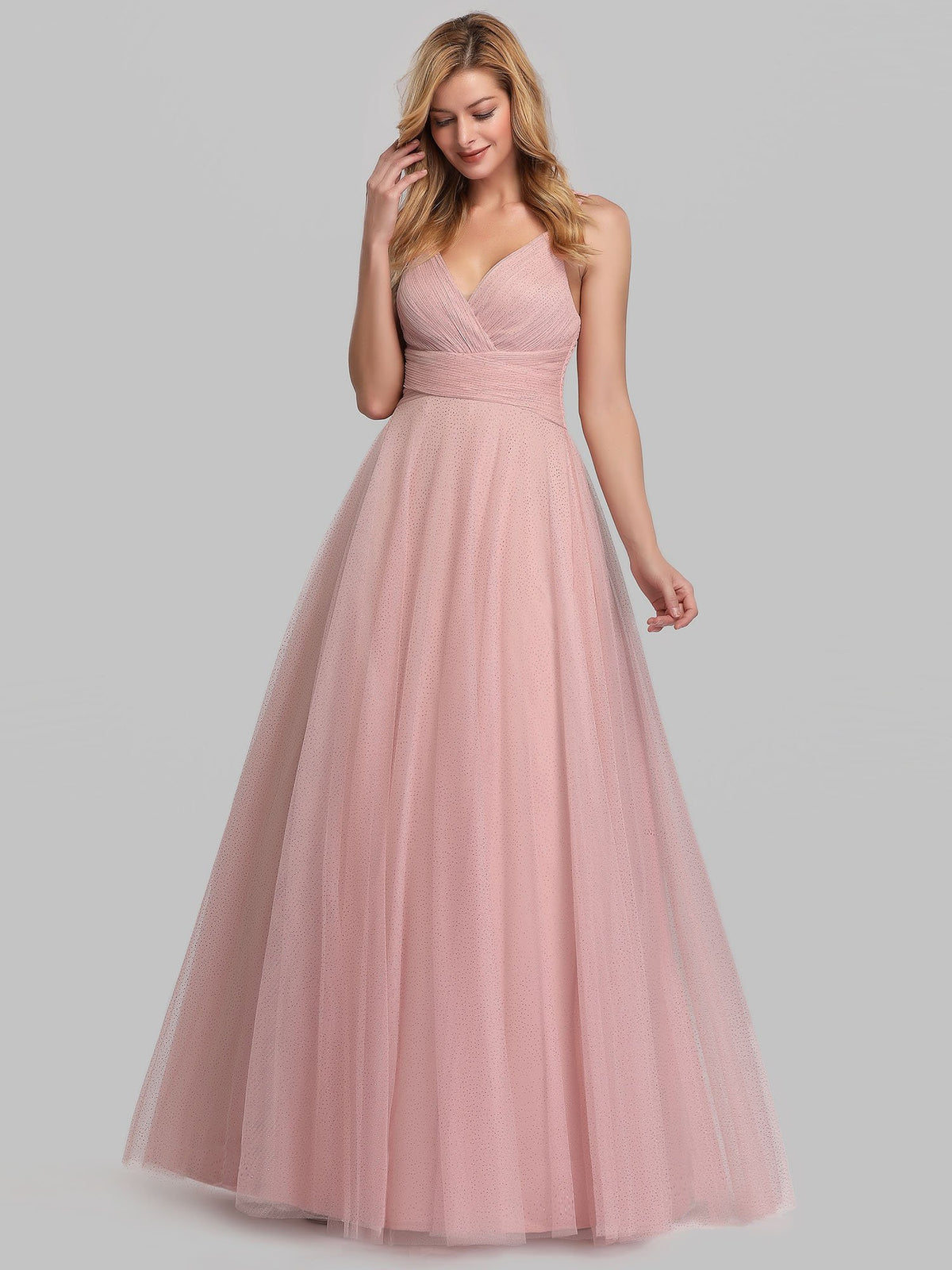 V-Neck Floor Length Spark Tulle Bridesmaid Dress